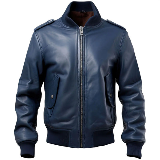 Men’s Navy Blue Genuine Sheepskin Stylish Baseball Zip-up Sporty Bomber Leather Jacket Hide Crafts