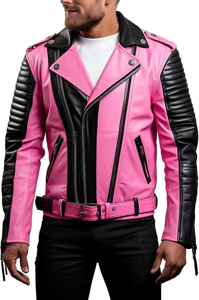 Men's Pink Black Quilted Leather Jacket, Casual Crossover Style with Zippers, Crossover Style Jacket Hide Crafts