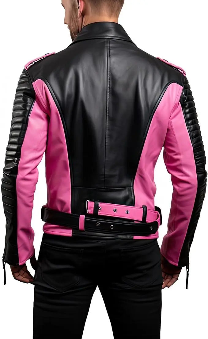 Men's Pink Black Quilted Leather Jacket, Casual Crossover Style with Zippers, Crossover Style Jacket Hide Crafts