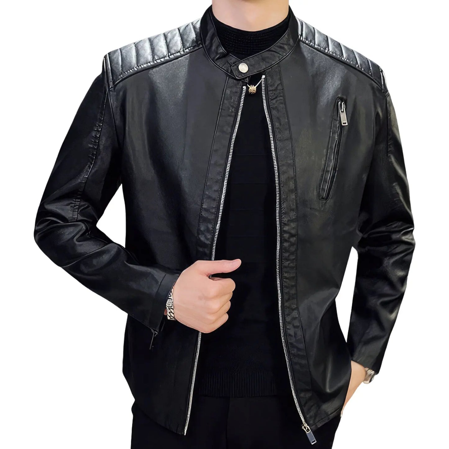 Men's Real Black Leather Jacket with Quilted Shoulders and Collar ll Slim Fit Hide Crafts