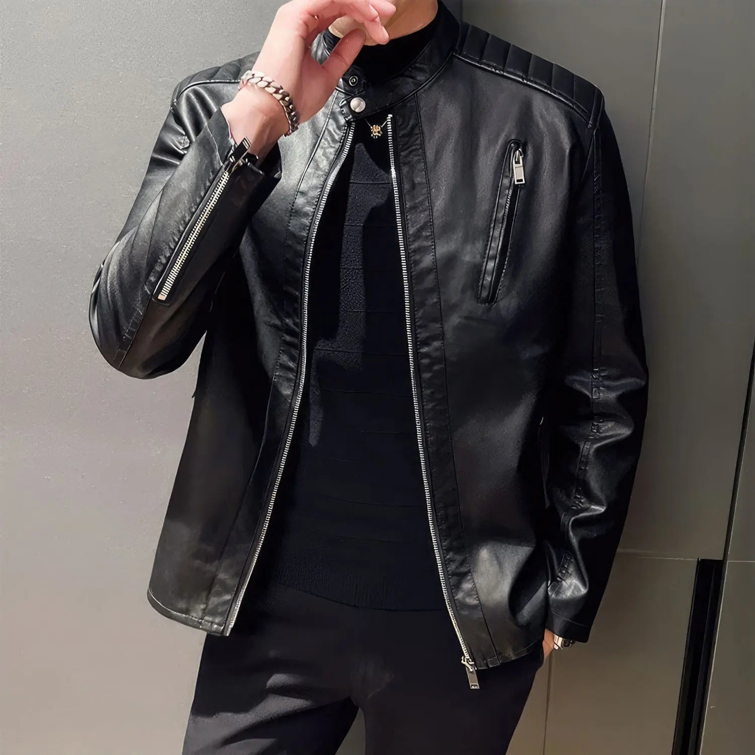 Men's Real Black Leather Jacket with Quilted Shoulders and Collar ll Slim Fit Hide Crafts
