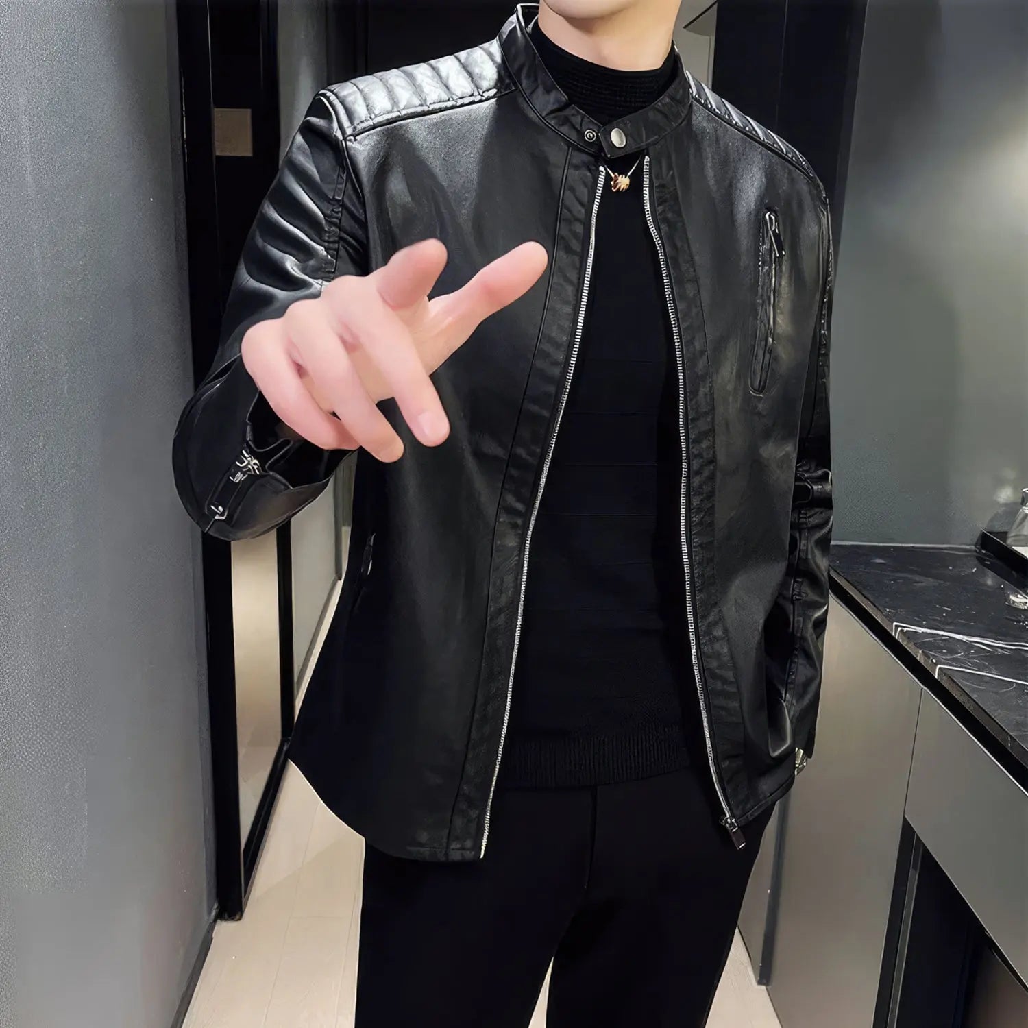 Men's Real Black Leather Jacket with Quilted Shoulders and Collar ll Slim Fit Hide Crafts