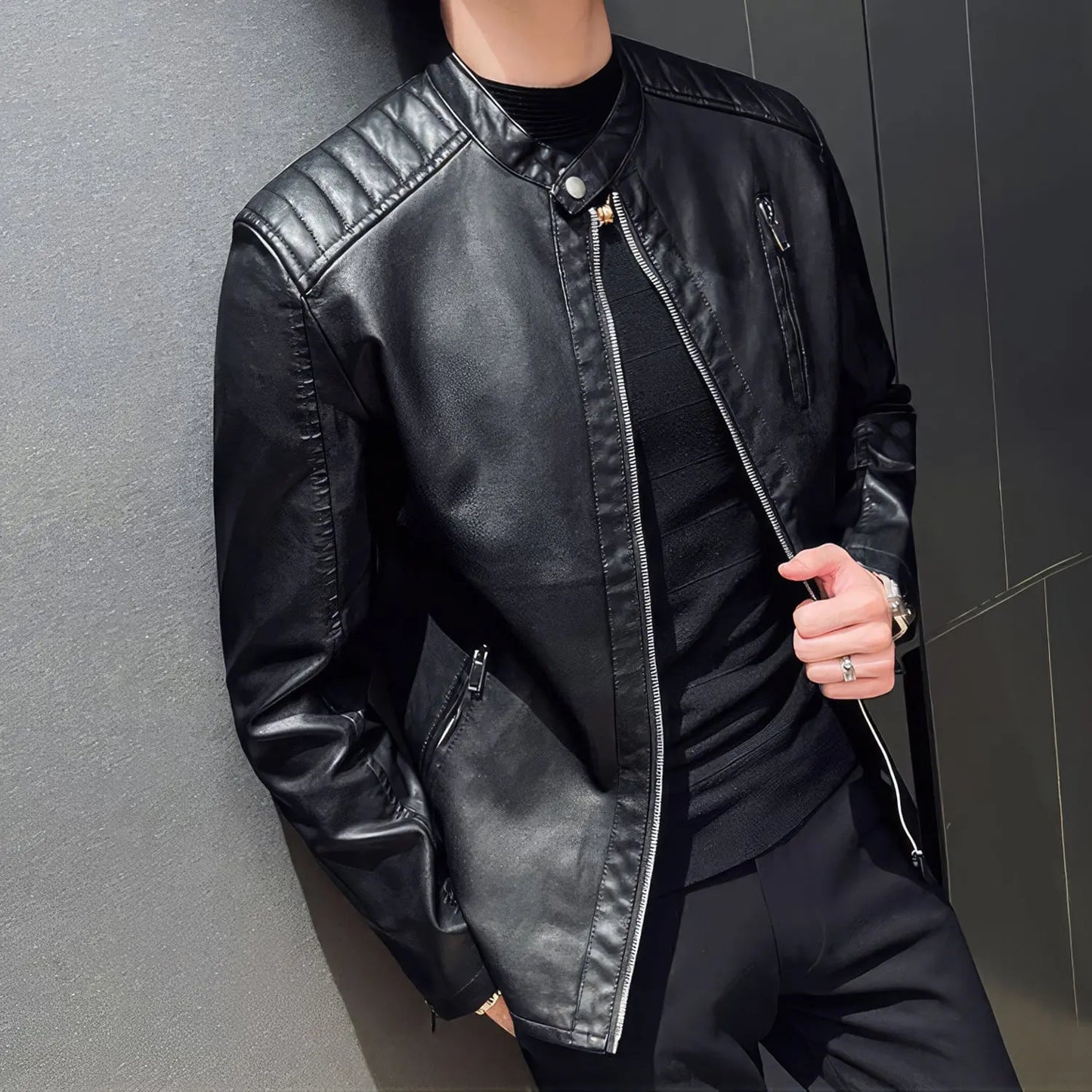 Men's Real Black Leather Jacket with Quilted Shoulders and Collar ll Slim Fit Hide Crafts