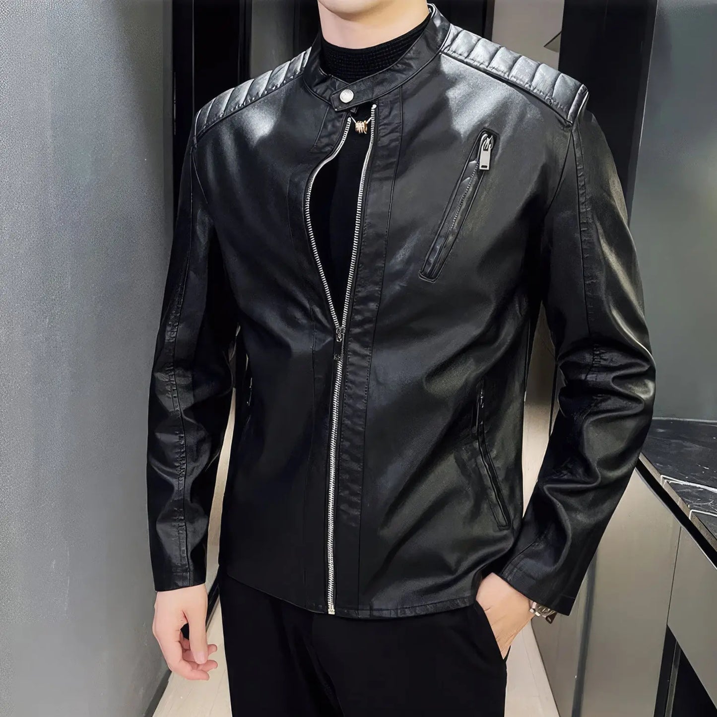 Men's Real Black Leather Jacket with Quilted Shoulders and Collar ll Slim Fit Hide Crafts