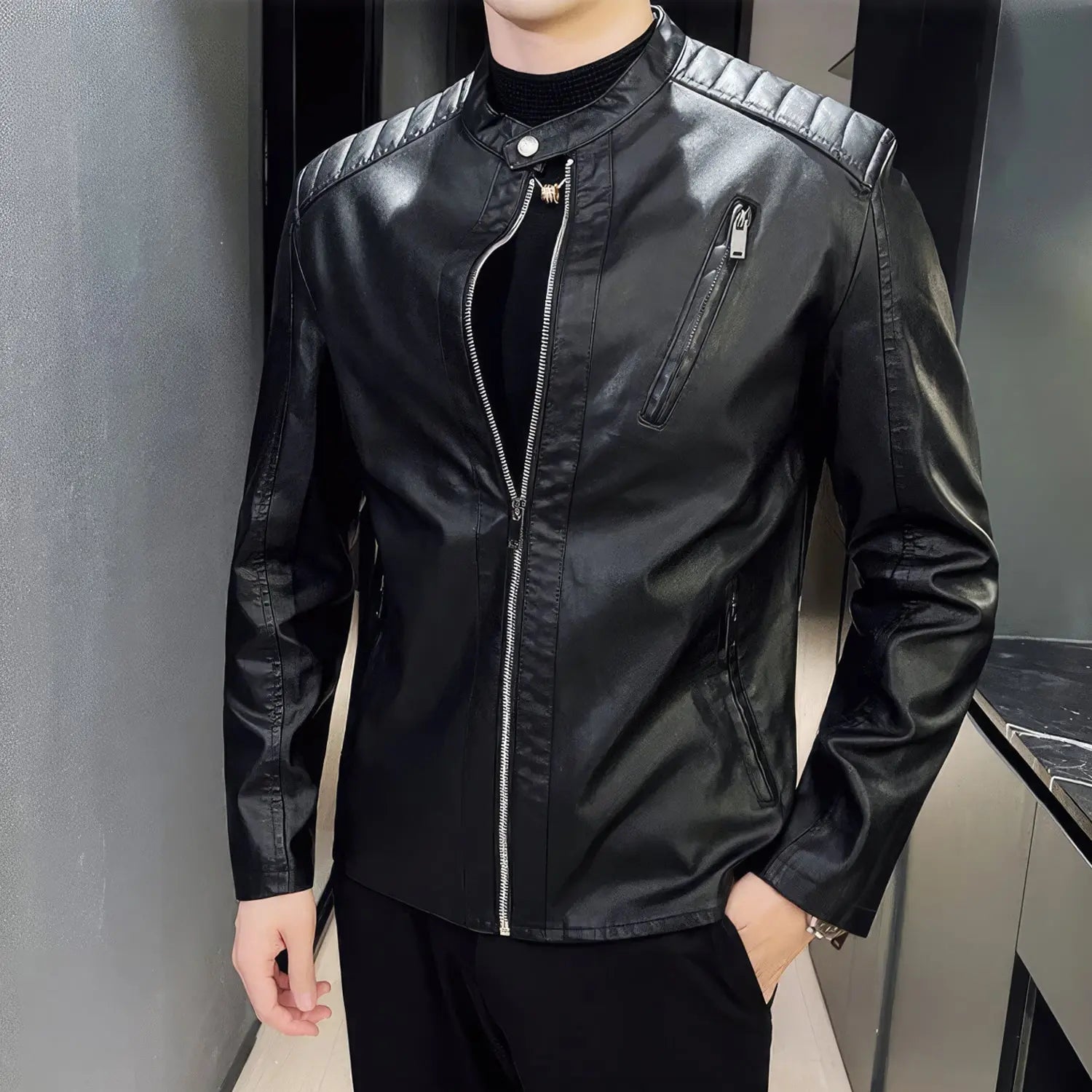 Men's Real Black Leather Jacket with Quilted Shoulders and Collar ll Slim Fit Hide Crafts