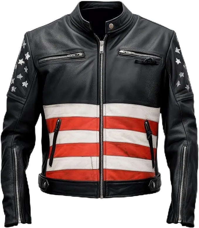 Men's Real Leather Jackets USA Flag Inspired Hide Crafts