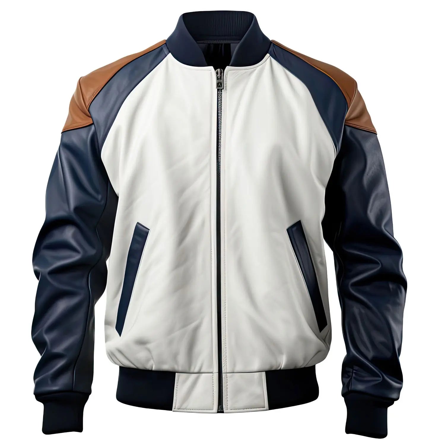 Men's Real White/Navy Leather Baseball Collar Rib Knit Genuine Leather Bomber Jacket Hide Crafts