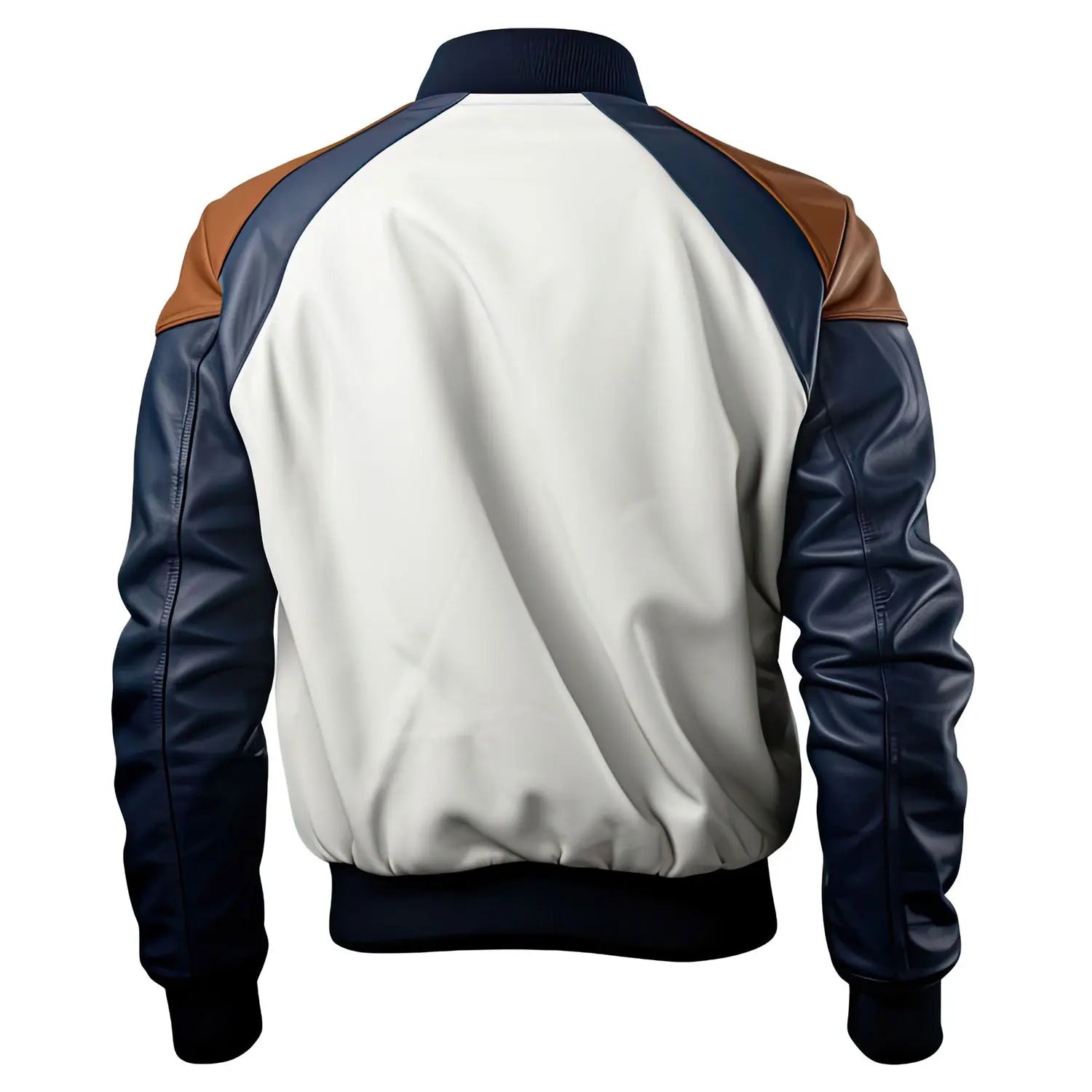 Men's Real White/Navy Leather Baseball Collar Rib Knit Genuine Leather Bomber Jacket Hide Crafts