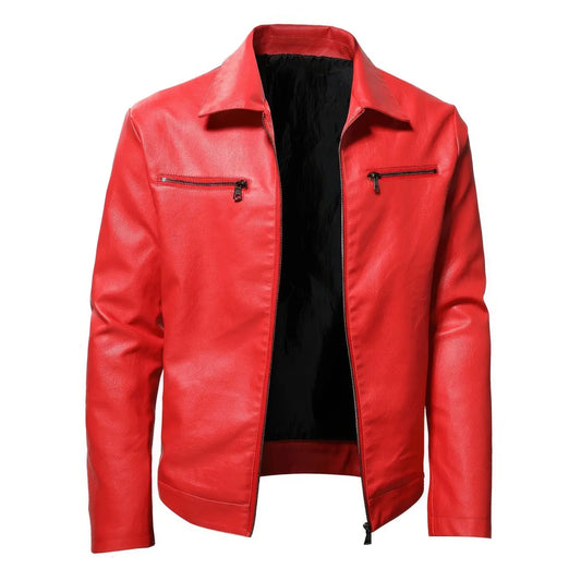 Men's Red Biker Sheepskin Leather Jacket, Slim Fit Vintage Motorcycle Classic Style Hide Crafts