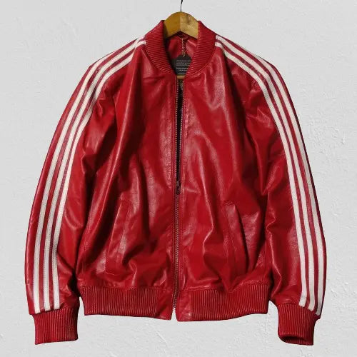Men's Red Bomber Genuine Sheepskin Leather Baseball Jacket, Rib Knit Collar, Sporty Style Hide Crafts