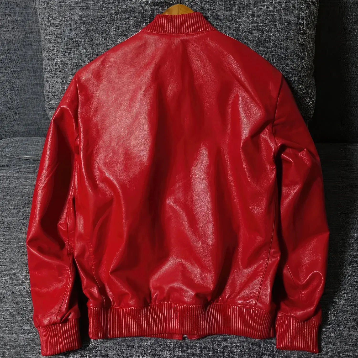 Men's Red Bomber Genuine Sheepskin Leather Baseball Jacket, Rib Knit Collar, Sporty Style Hide Crafts