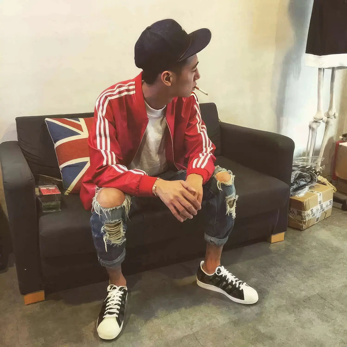 Men's Red Bomber Genuine Sheepskin Leather Baseball Jacket, Rib Knit Collar, Sporty Style Hide Crafts