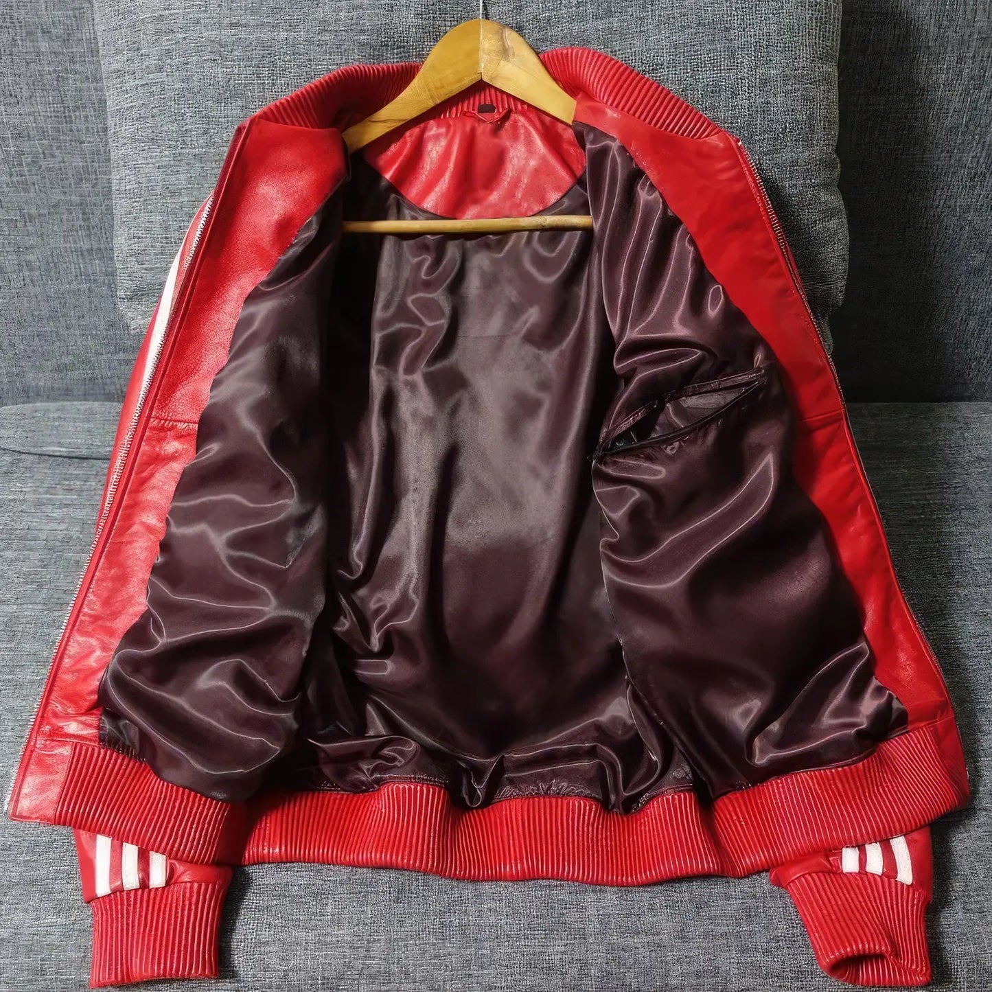 Men's Red Bomber Genuine Sheepskin Leather Baseball Jacket, Rib Knit Collar, Sporty Style Hide Crafts