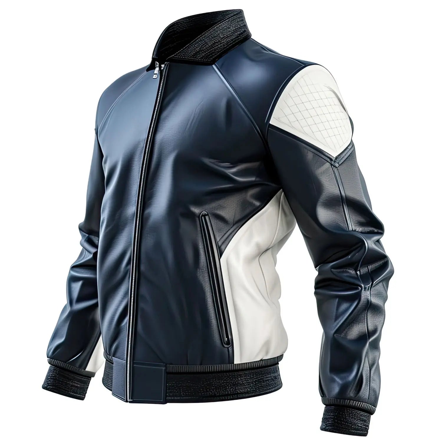 Men's Slim Fit Navy Blue White Sheepskin Leather Jacket, Diamond-Stitched Shoulders Hide Crafts