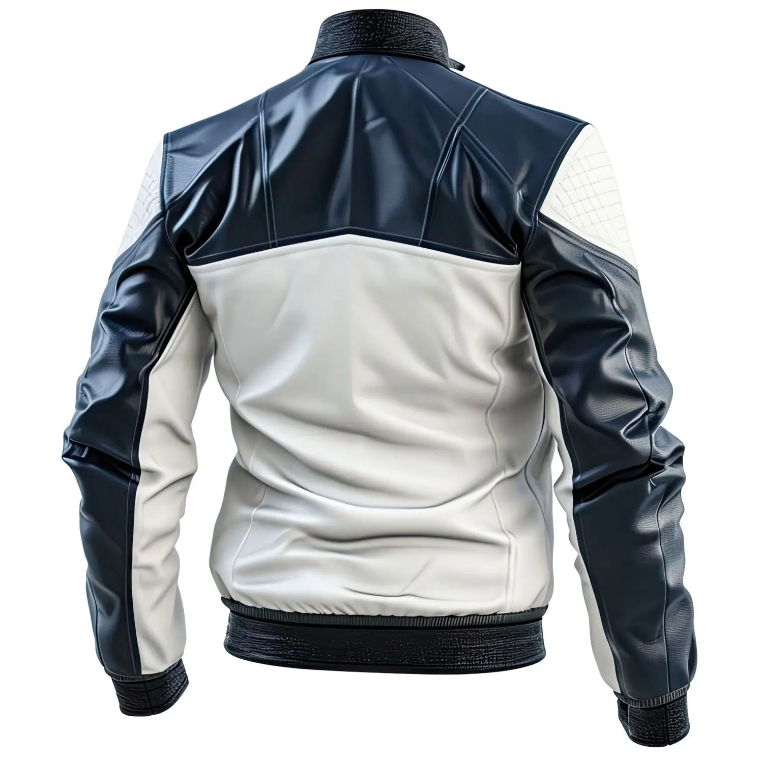 Men's Slim Fit Navy Blue White Sheepskin Leather Jacket, Diamond-Stitched Shoulders Hide Crafts