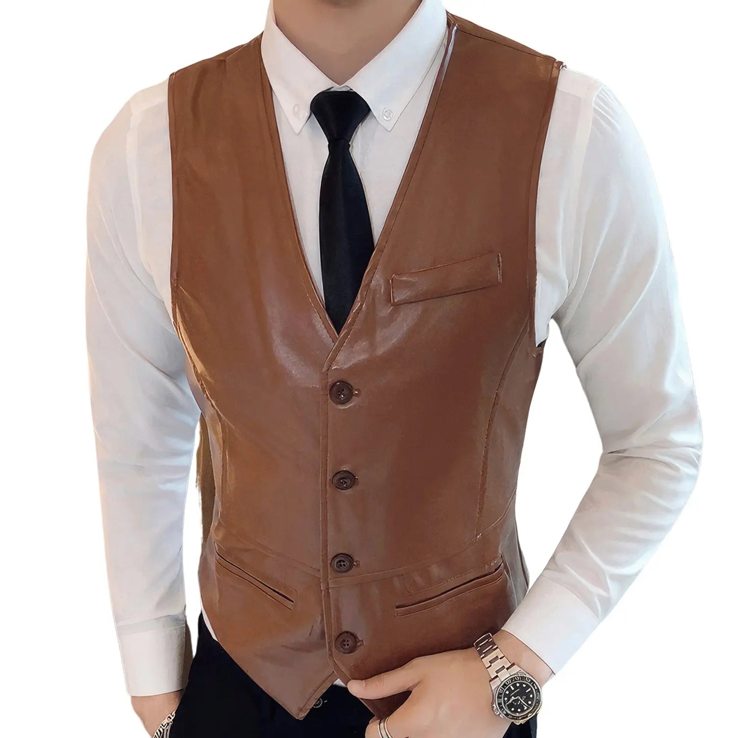 Men’s Tan Brown Genuine Sheepskin Sleeveless Vest Casual Business Office Meeting Slim Fit Waistcoat Hide Crafts