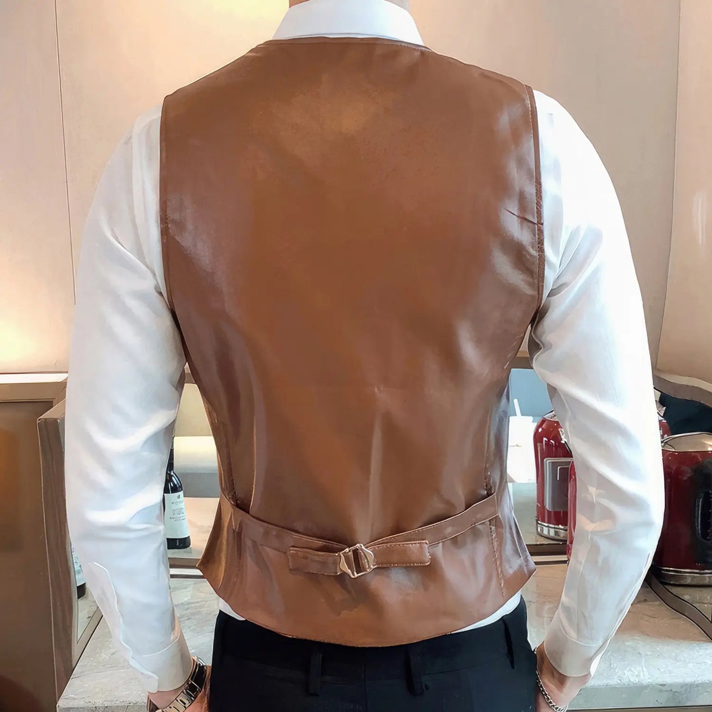 Men’s Tan Brown Genuine Sheepskin Sleeveless Vest Casual Business Office Meeting Slim Fit Waistcoat Hide Crafts