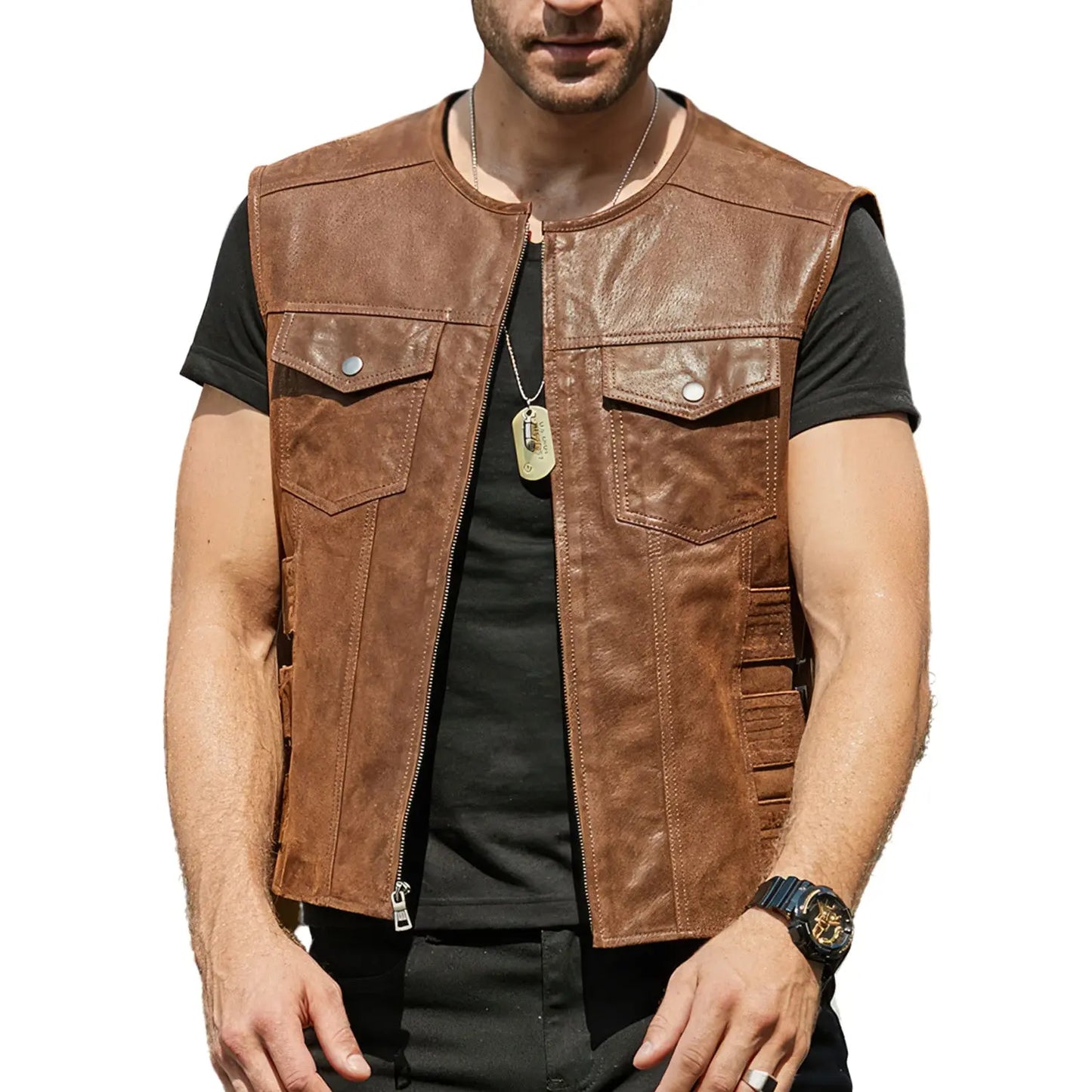 Men’s Vintage Brown Genuine Leather Vest Moto Biker Classic Fit Waistcoat Hide Crafts
