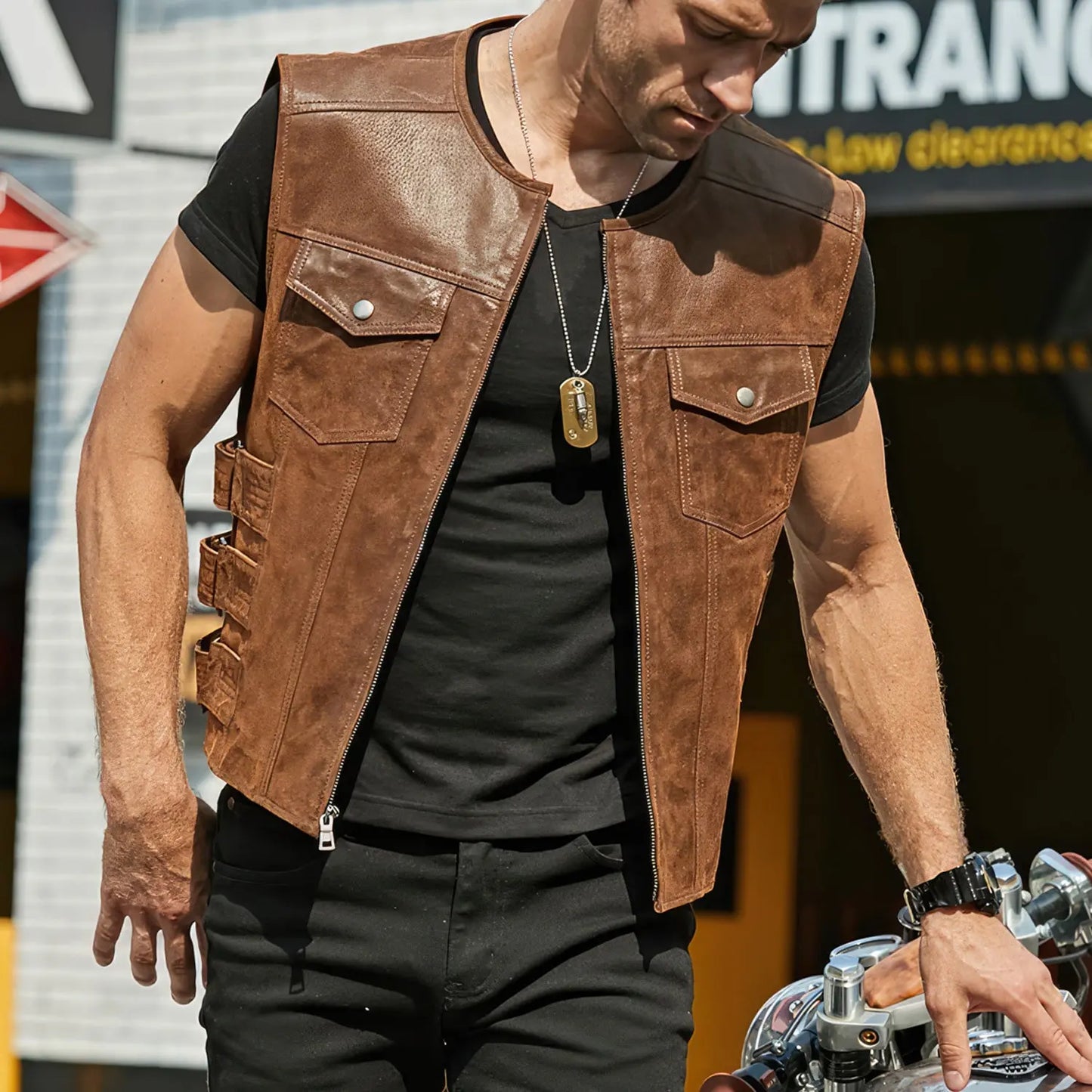 Men’s Vintage Brown Genuine Leather Vest Moto Biker Classic Fit Waistcoat Hide Crafts