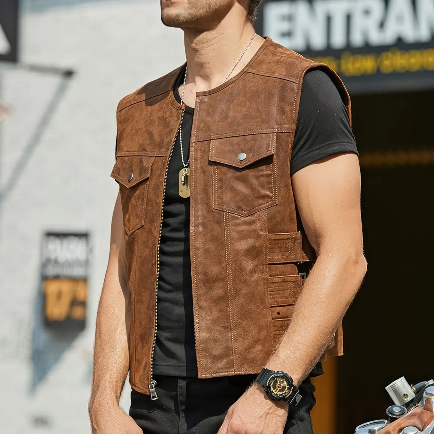 Men’s Vintage Brown Genuine Leather Vest Moto Biker Classic Fit Waistcoat Hide Crafts
