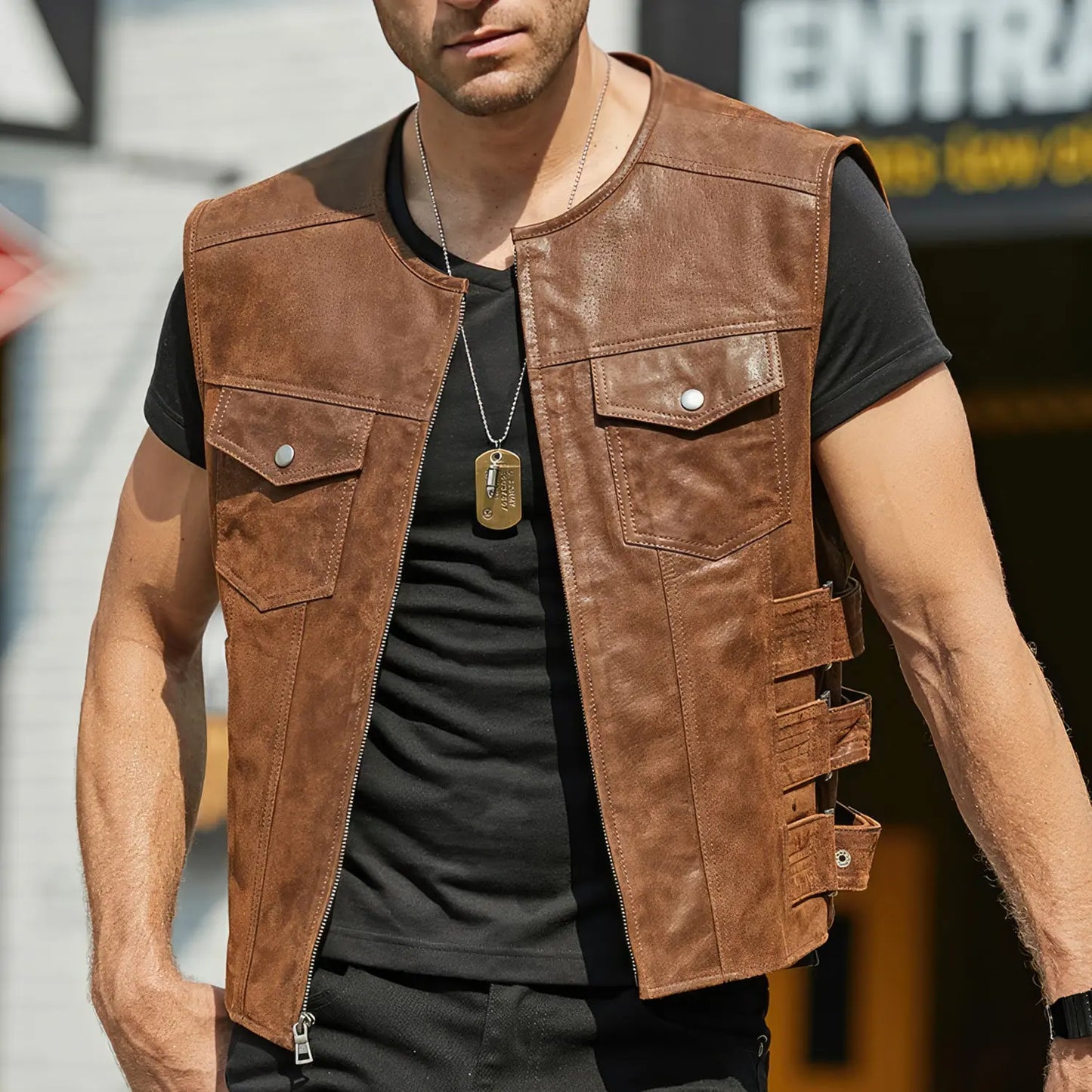 Men’s Vintage Brown Genuine Leather Vest Moto Biker Classic Fit Waistcoat Hide Crafts