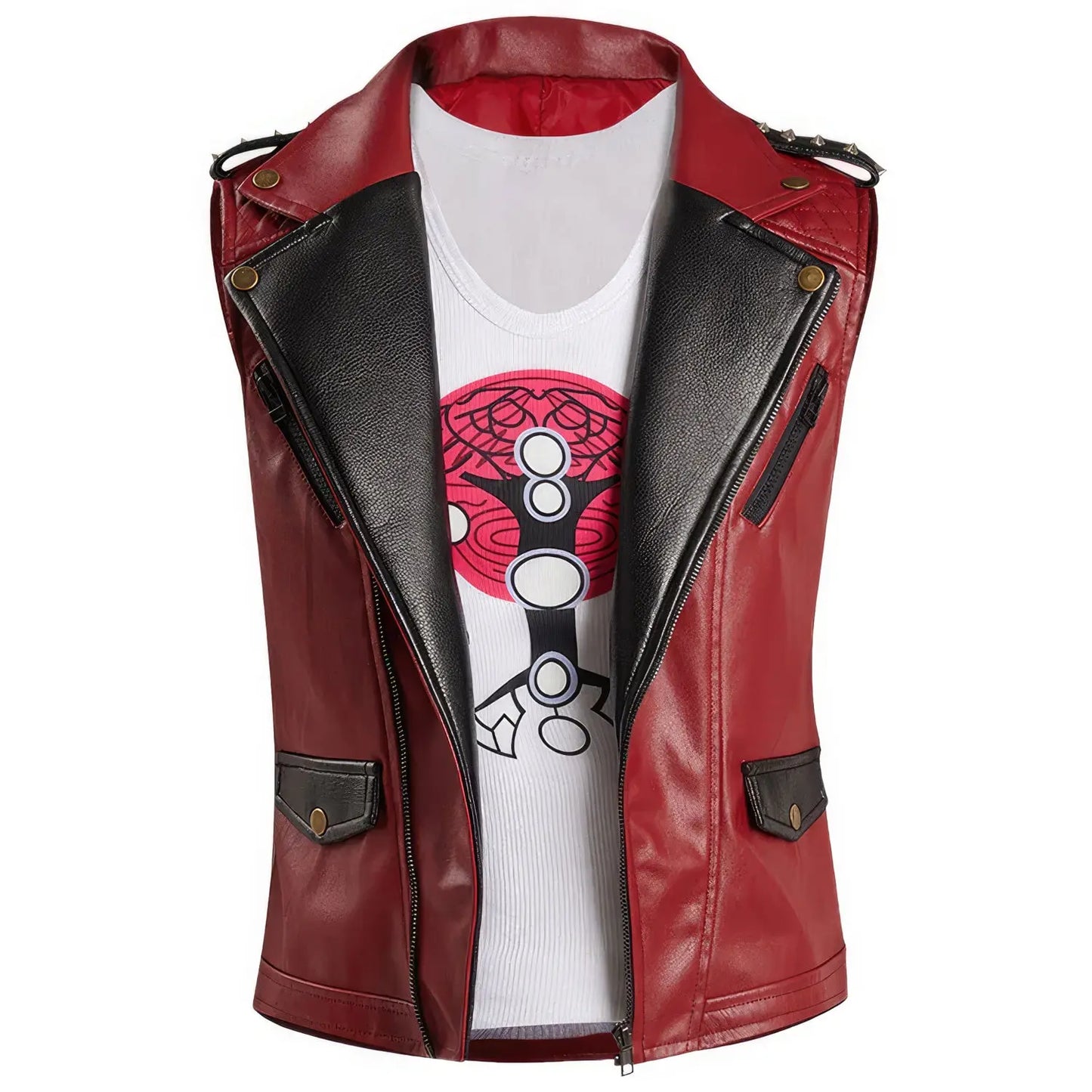 Men’s Wine Red Genuine Sheepskin Metal Studded Sleeveless Punk Vest Superhero Cosplay Costume Leather Waistcoat Hide Crafts