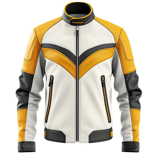 Men's Yellow White Sheepskin Leather Moto Jacket, Casual Racing Style, Zip Front, Stand Collar, Lightweight Hide Crafts