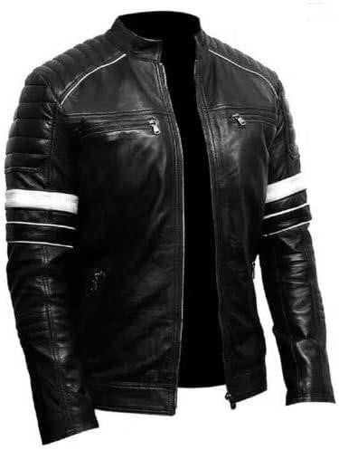 Men's Motorcycle Leather Jacket, Black, Quilted Shoulders, White Racing Stripes, Zip Front - Hide Crafts