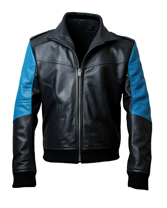 Mens Black & Blue Comfy Stylish Bomber Real Leather Jacket Hide Crafts