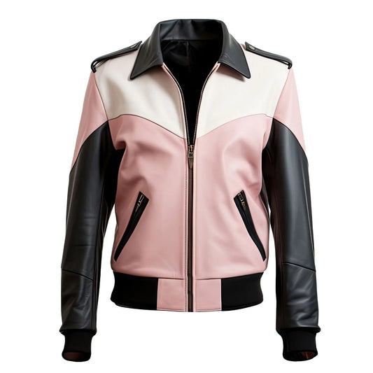 Mens Black & Pink Genuine Sheepskin Leather Aviator Jacket Hide Crafts