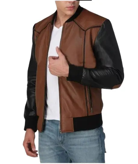 Mens Brown and Black Leather Vintage Bomber Zip Up Biker Style Fashion Jacket Hide Crafts