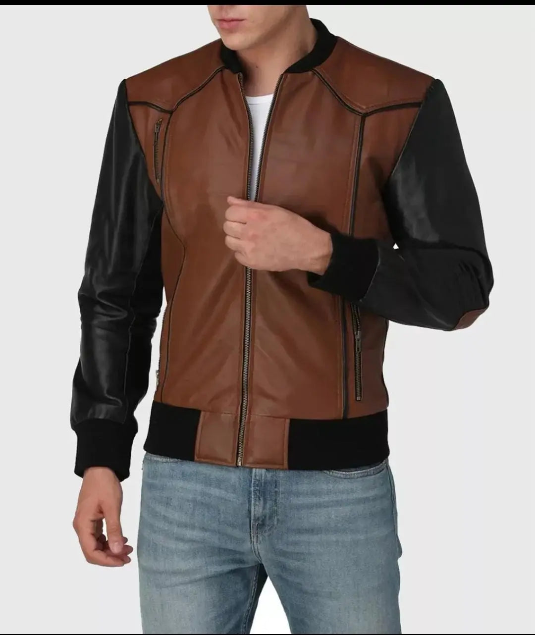 Mens Brown and Black Leather Vintage Bomber Zip Up Biker Style Fashion Jacket Hide Crafts