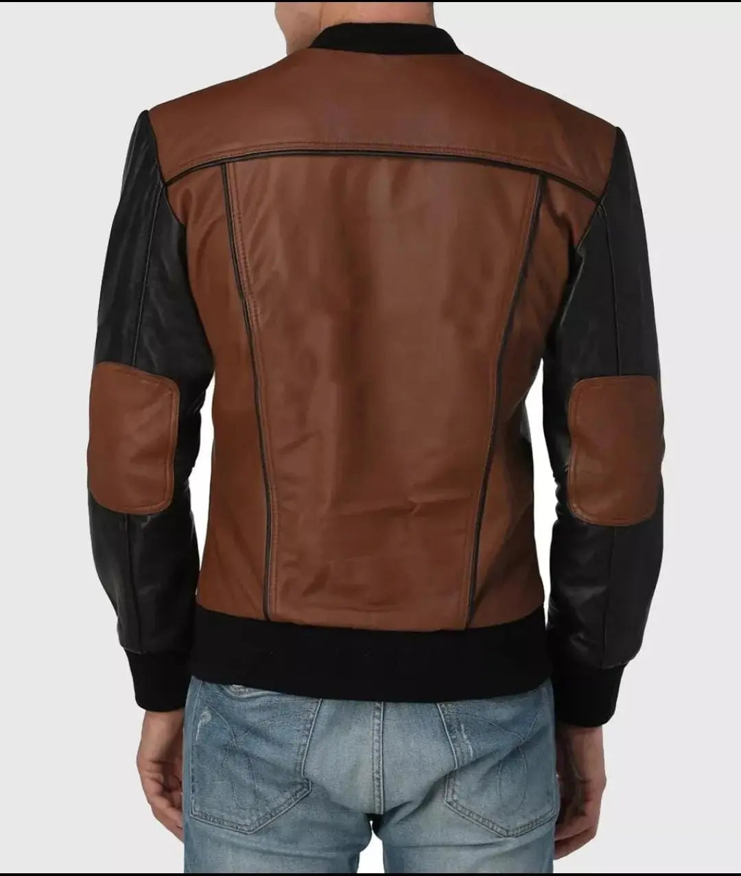 Mens Brown and Black Leather Vintage Bomber Zip Up Biker Style Fashion Jacket Hide Crafts