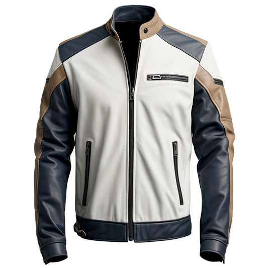 Mens Moto Biker Genuine Sheepskin Zip-Up Moto Biker Outfit Slim Fit Leather Jacket - Dark Blue Grey Hide Crafts