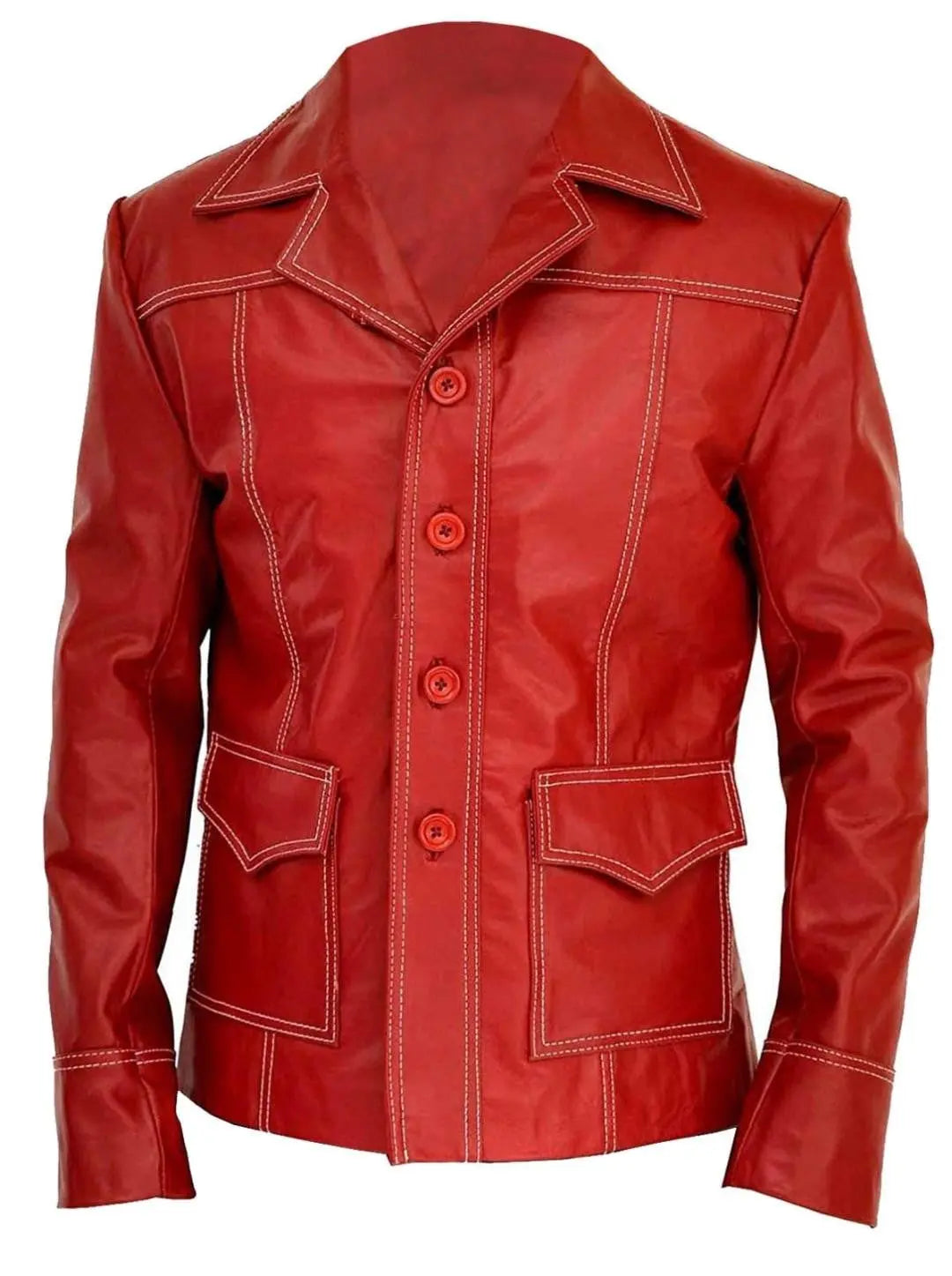 Red Leather Button-Down Jacket with Contrast White Stitching Hide Crafts