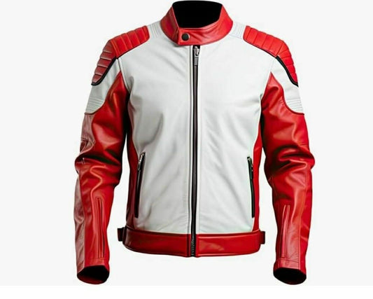 Motorcycle Racing Jacket, Red and White, Leather, Padded Shoulders, Full Zip Front - Hide Crafts
