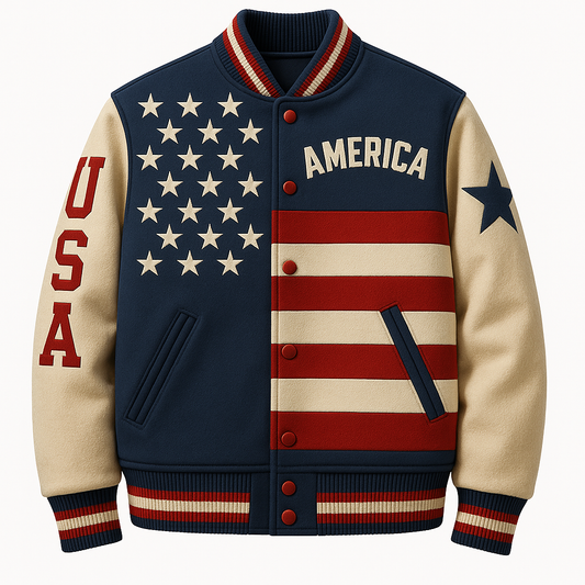 American Flag Varsity Jacket, USA Stars and Stripes Design, Navy Blue and Cream, Patriotic Baseball Letterman Jacket