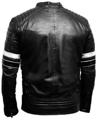 Men's Motorcycle Leather Jacket, Black, Quilted Shoulders, White Racing Stripes, Zip Front - Hide Crafts