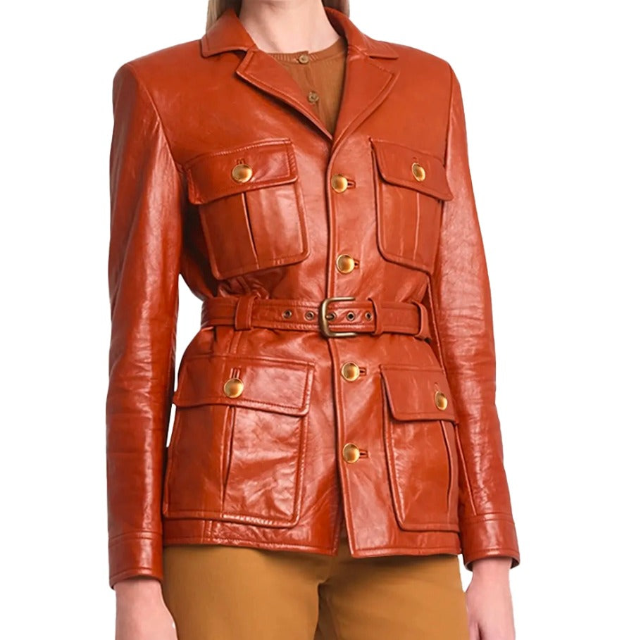 Premium Leather Belted Jacket, Brown, Military Style with Gold Buttons, 4 Front Pockets - Hide Crafts