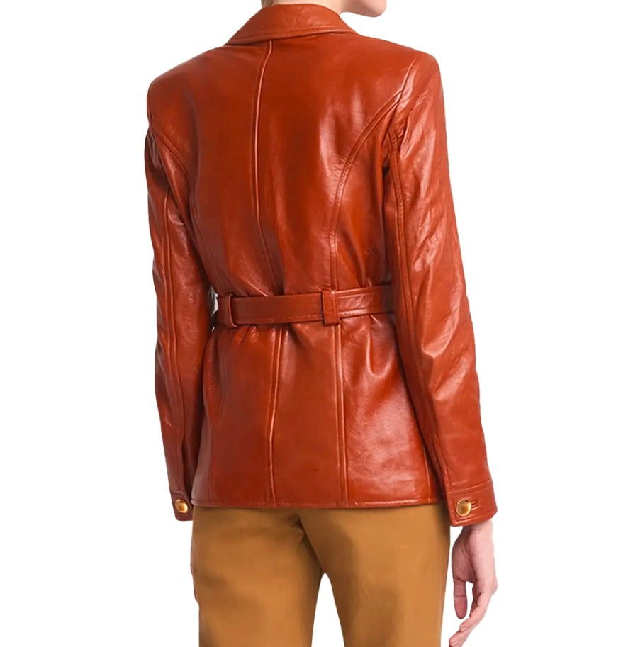 Premium Leather Belted Jacket, Brown, Military Style with Gold Buttons, 4 Front Pockets - Hide Crafts