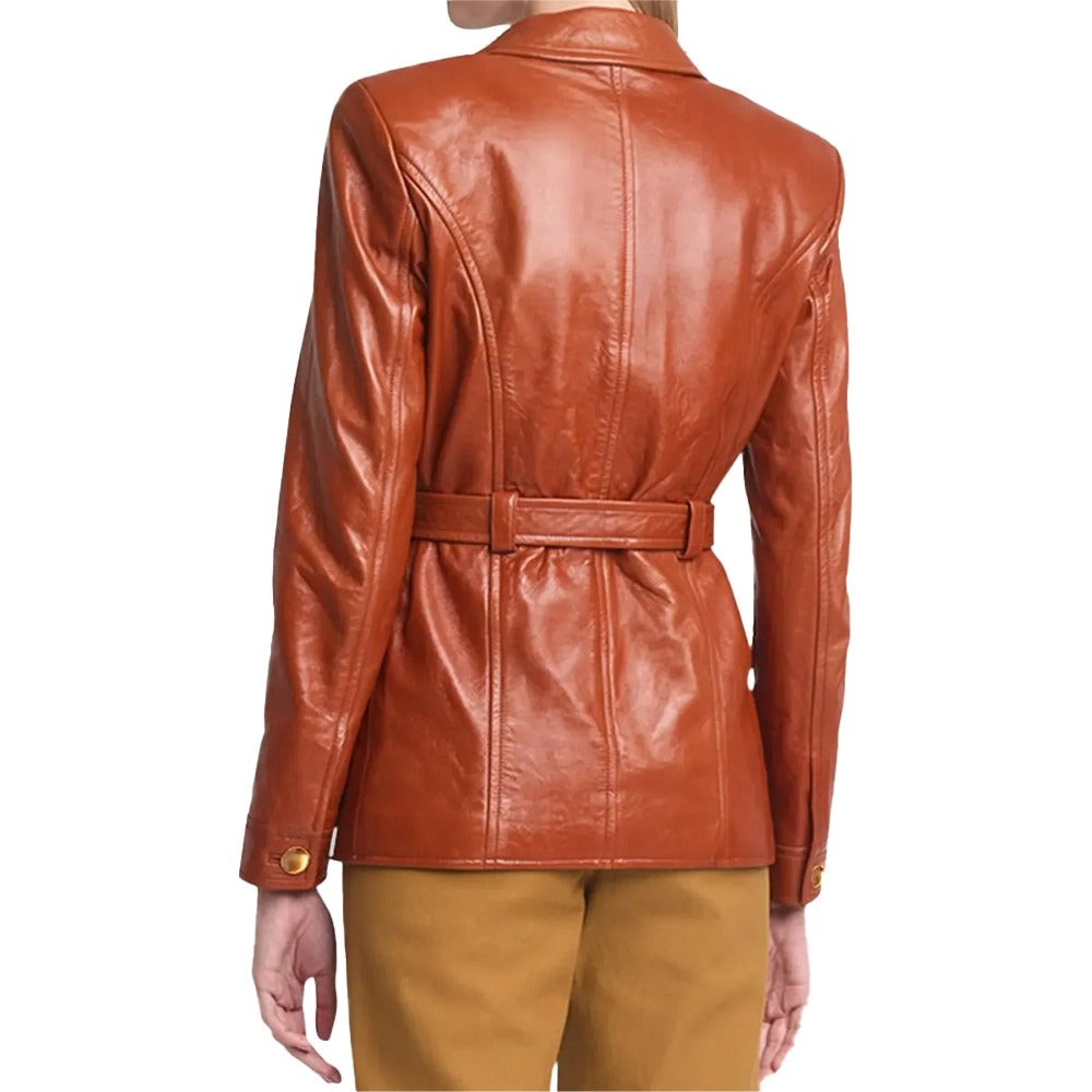 Premium Leather Belted Jacket, Brown, Military Style with Gold Buttons, 4 Front Pockets - Hide Crafts