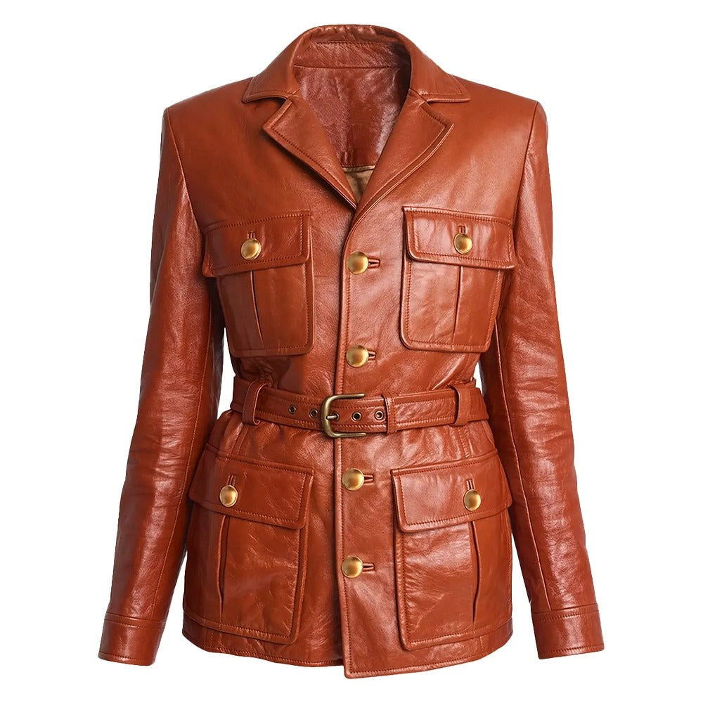 Premium Leather Belted Jacket, Brown, Military Style with Gold Buttons, 4 Front Pockets - Hide Crafts