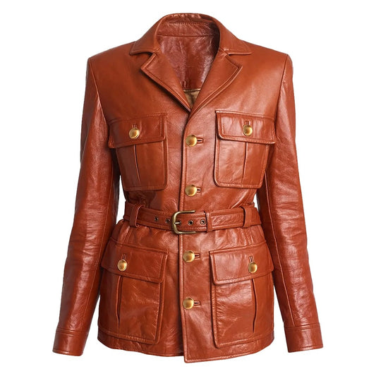 Premium Leather Belted Jacket, Brown, Military Style with Gold Buttons, 4 Front Pockets - Hide Crafts