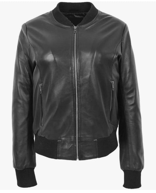 Classic Leather Bomber Jacket, Black, Ribbed Collar and Cuffs, Full Zip Front - Hide Crafts