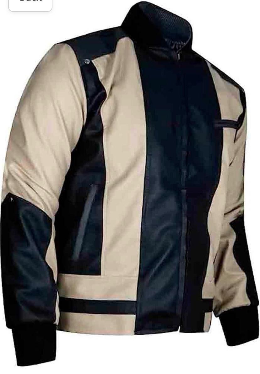 Men's Leather Bomber Jacket, Two-Tone Black and Beige, Zip Front with Stand Collar