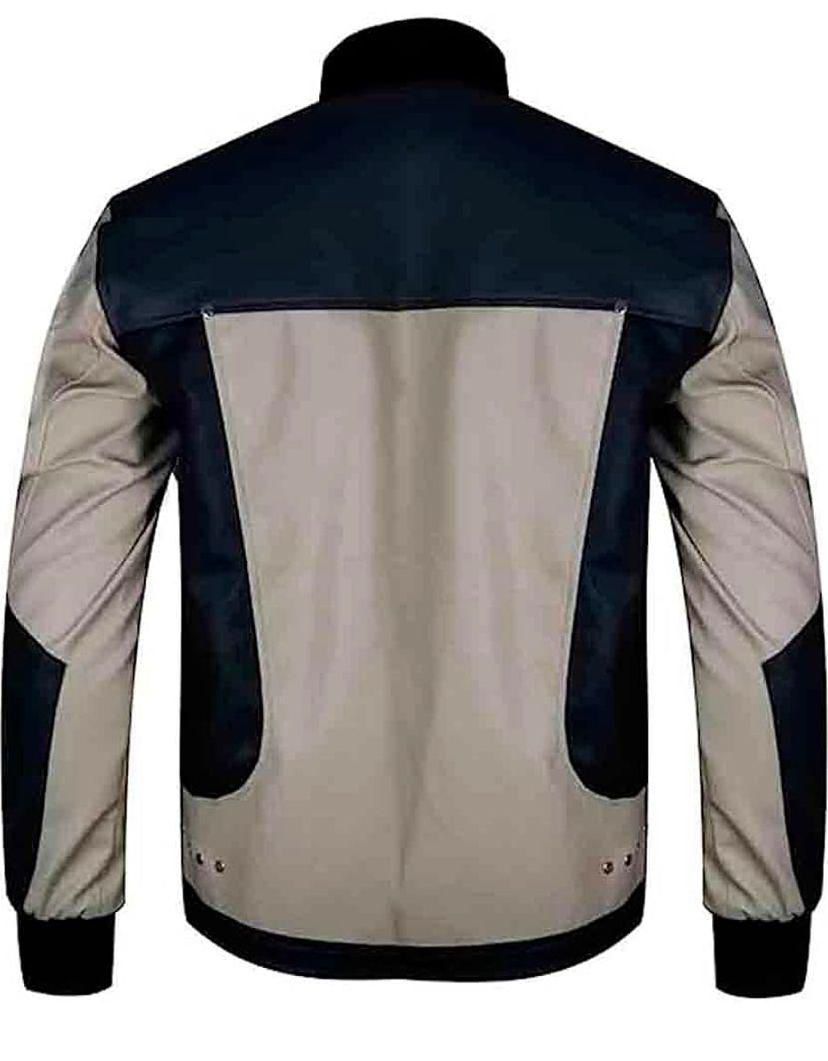 Men's Leather Bomber Jacket, Two-Tone Black and Beige, Zip Front with Stand Collar