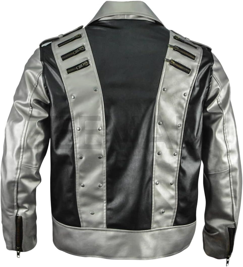 Metallic Silver and Black Motorcycle Jacket, Leather, Asymmetrical Zipper Design