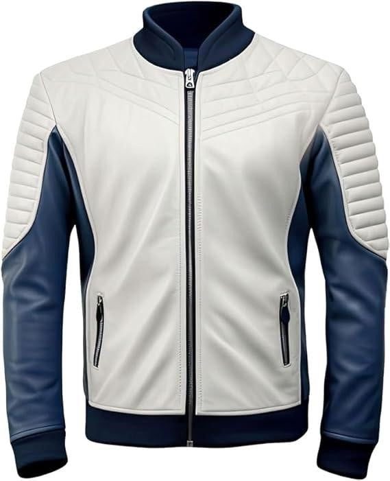 Men's Quilted Leather Motorcycle Jacket, White and Navy Blue, Full Zip Front, Ribbed Collar - Hide Crafts
