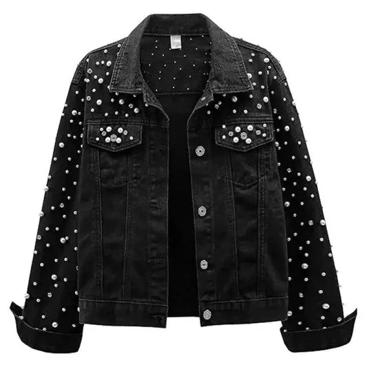 Women Black Denim Jacket with Shirt Collar and Rhinestone Embroidery Hide Crafts