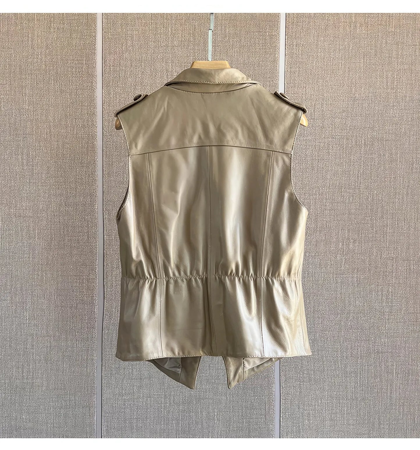 Women's Apricot Genuine Sheepskin Notched Lapel Collar Leather Sleeveless Vest Hide Crafts